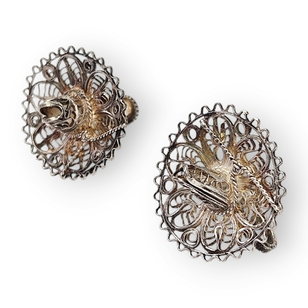 Mexico Sombrero Sterling Filigree Earrings Hat 925 Silver Vintage Screwback 7/8"